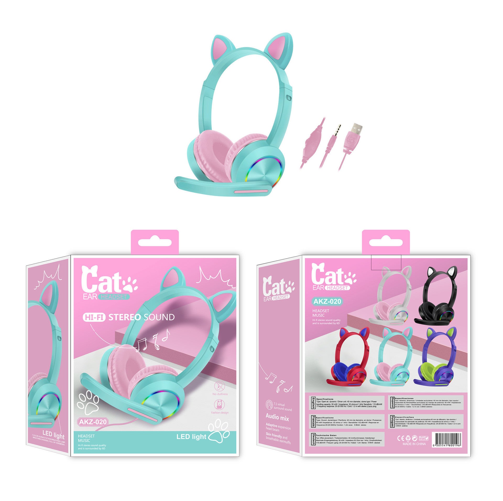 Luminous cat ear headset headset wired headset