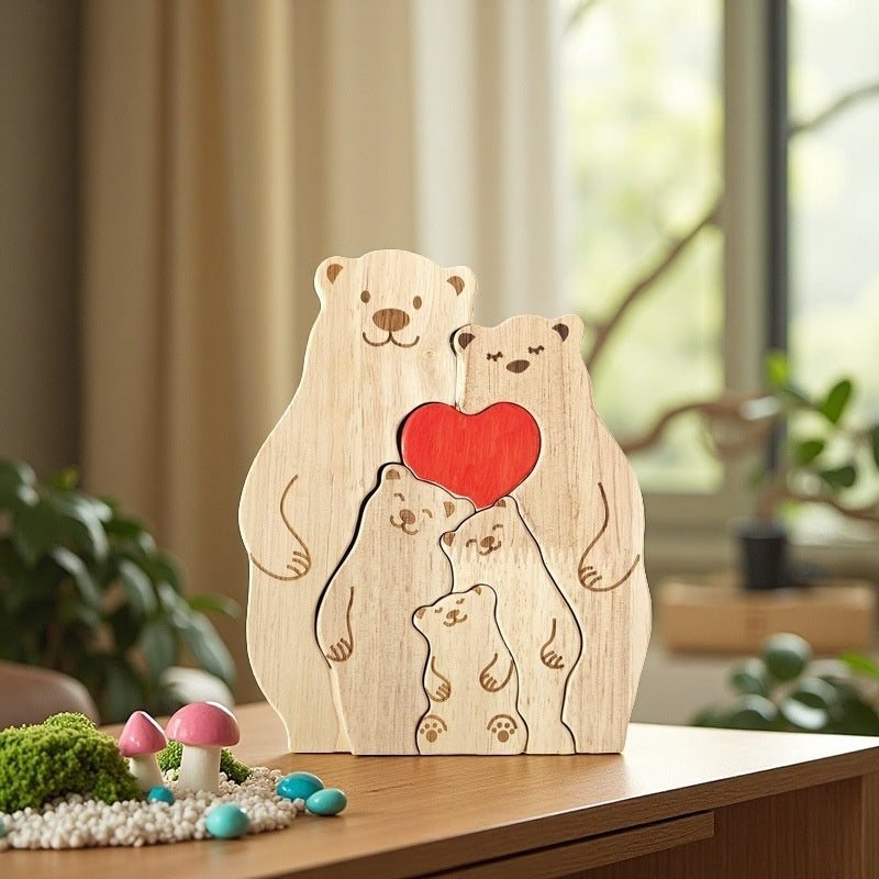 Cross-border Custom DIY Solid Wood Cute Bear Family Puzzle Wooden Engraved Surname Name Memorial Ornament